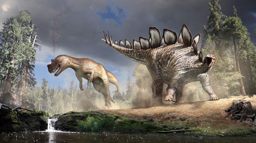 Artist's reconstruction of a Stegosaurus that has just hit a Cer
